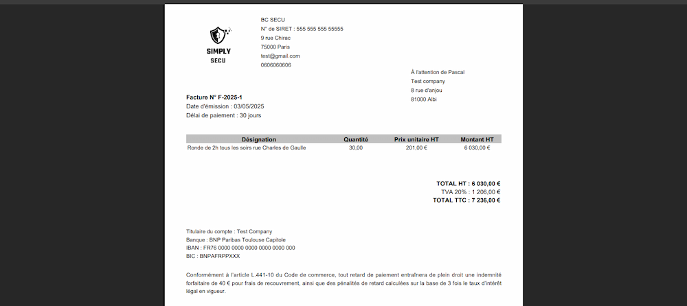 Aperçu d'une facture faite à un client