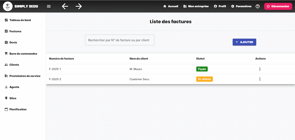 Aperçu d'une liste de factures